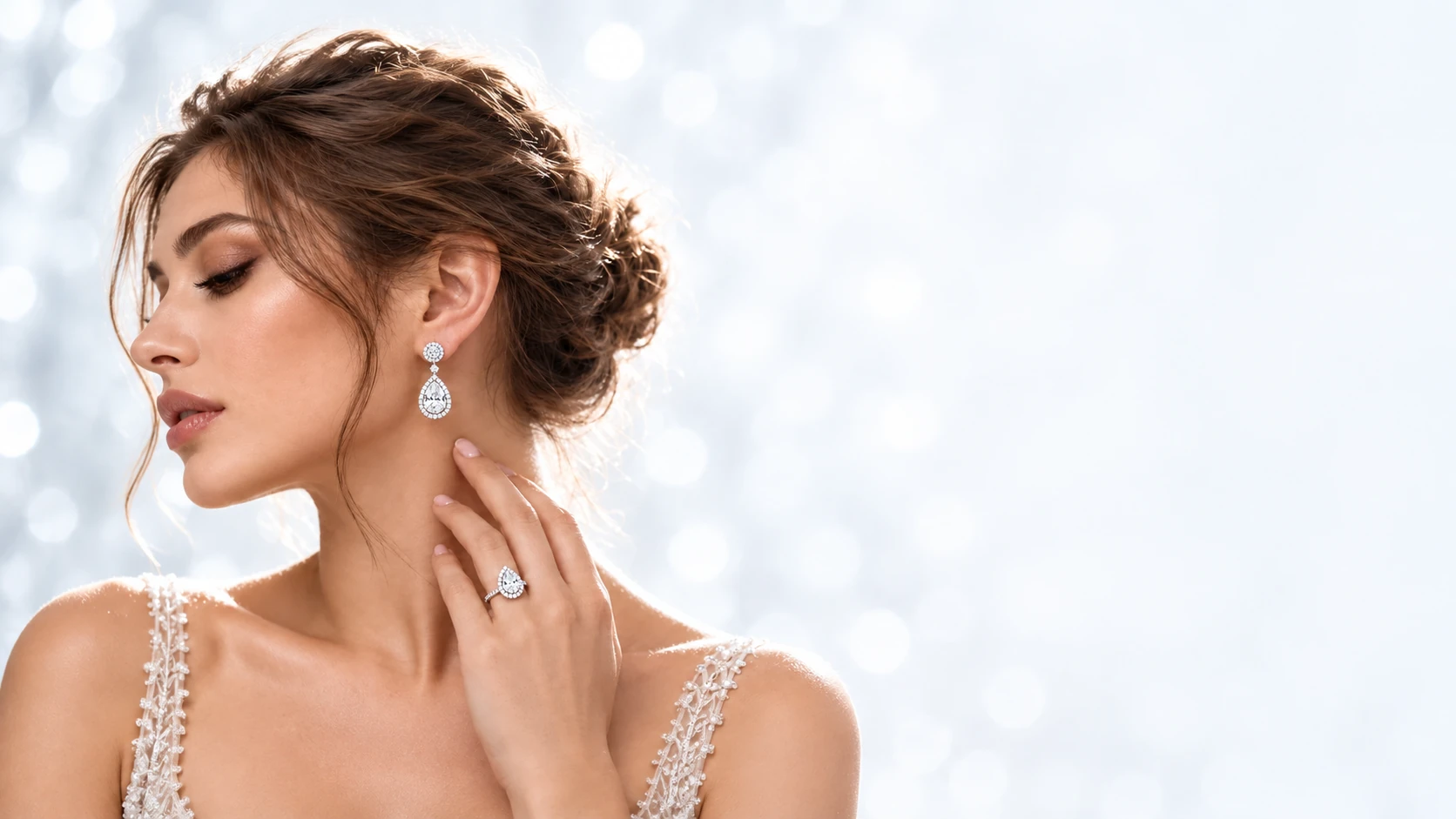 Woman looking to the side wearing pear-shaped diamond earrings and a matching diamond ring